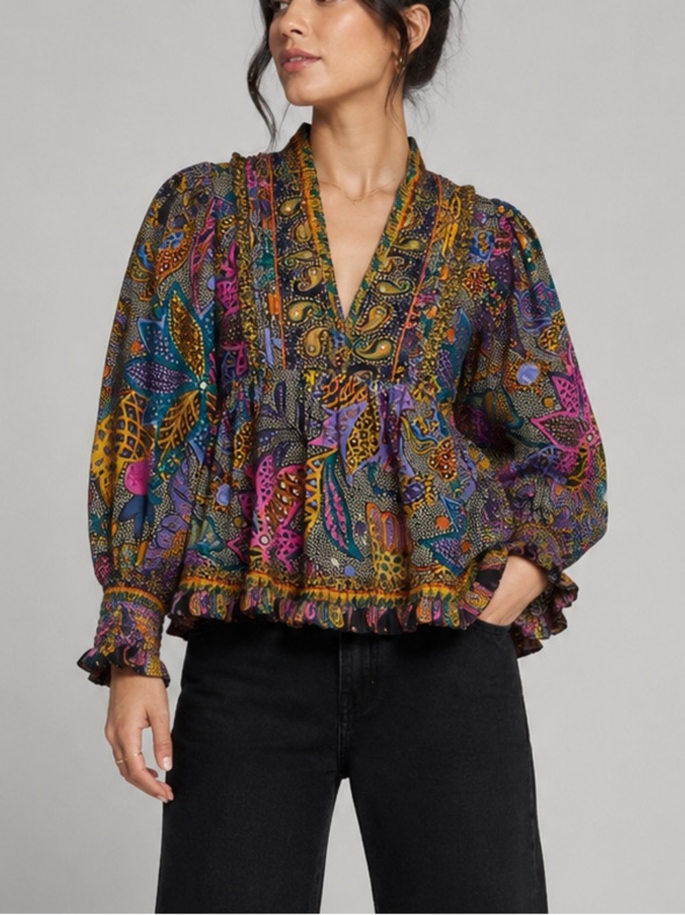 LOVE THE LABEL | Brooke Long Sleeve Blouse in Bold Padma Floral, Size XS